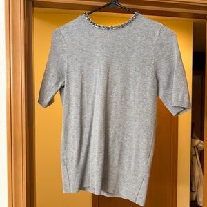 Gray Short Sleeve Top with Embellished Neckline